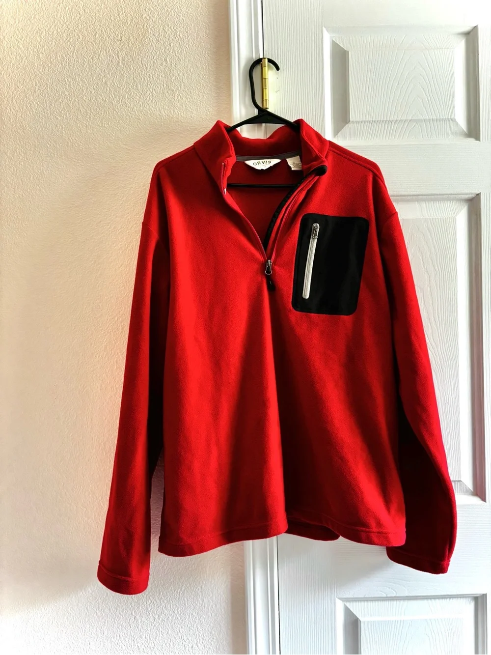 Orvis Mens Sweater Red Long Sleeve 1/4 Zip Pullover Fleece Phone Pocket L